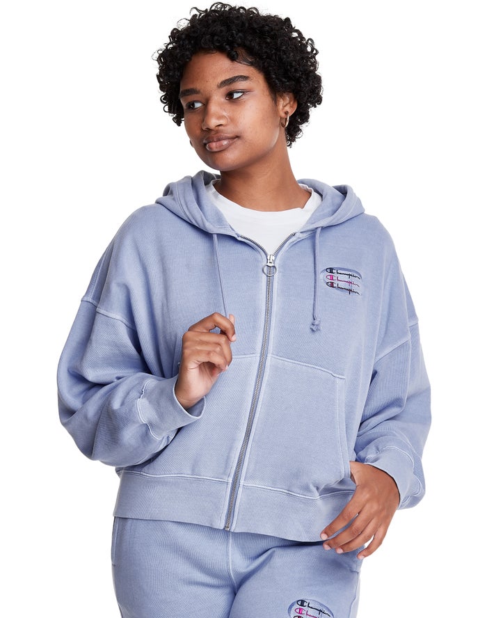 Champion Womens Hoodie NZ - Lightweight Fleece Full Zip Boxy Light Blue ( 7164-LYBIH )